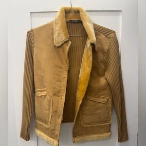 Tan imitation Shearling Jacket with Ribbed Sleeves